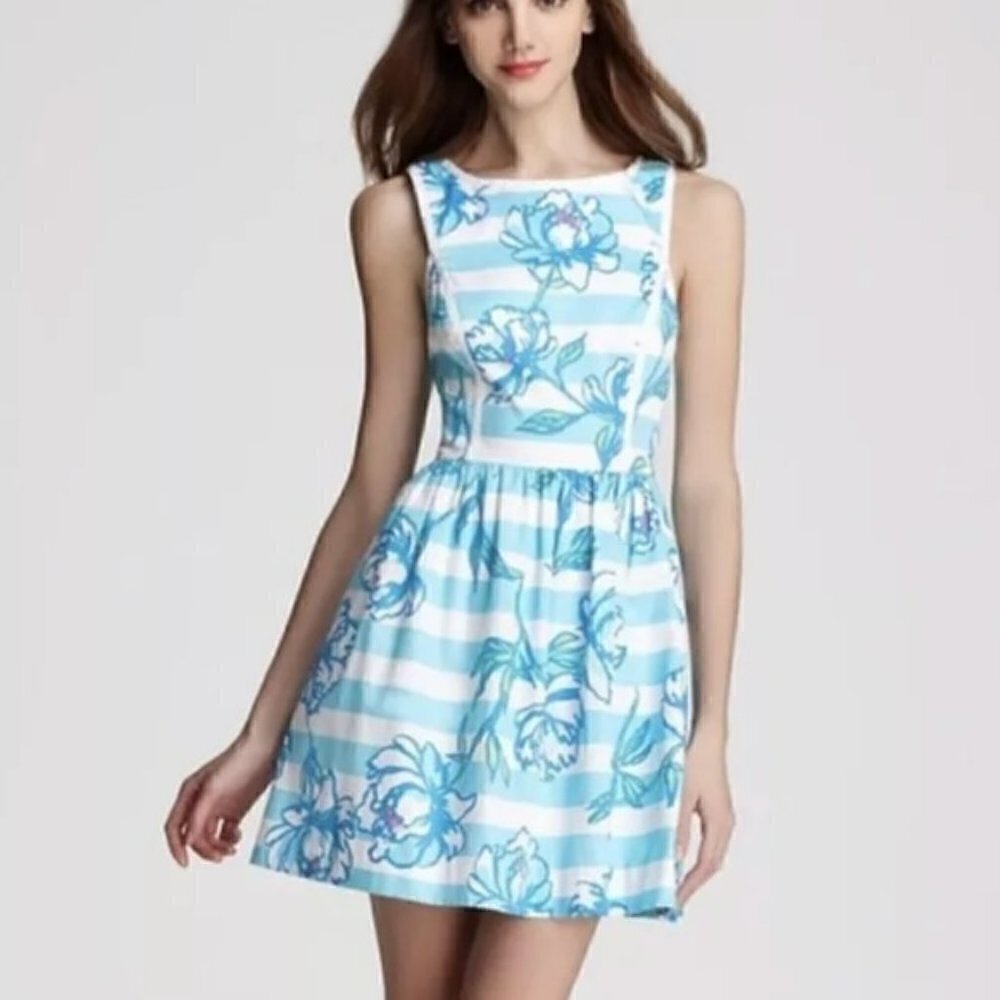Lilly Pultizer Sandrine dress Shorely Blue pearls cotton stripe fit & flare 2